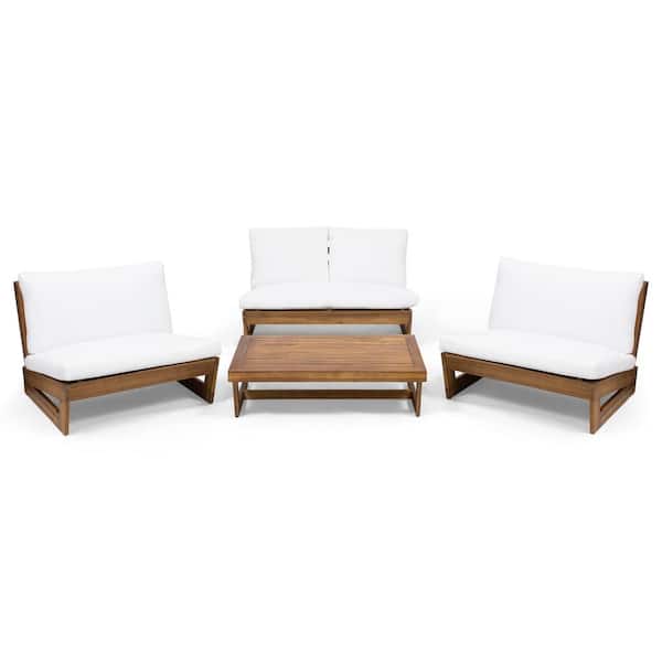 Sherwood Teak Brown 4-Piece Wood Outdoor Patio Conversation Set with White Cushions