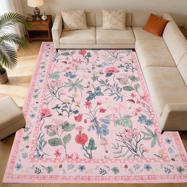 Pink 5 X 7 ft. Modern Floral Washable Low Pile Area Rug, Non-Slip Indoor Carpet for Living Room, Bedroom, Dining Room