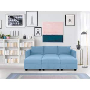 56.01 in. Linen Modern 3-Seater Upholstered Sectional Sofa Bed with 3 Ottoman in Robin Egg Blue