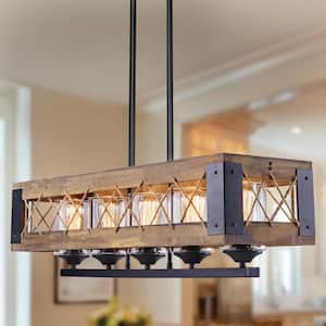Wood Chandelier Black Farmhouse Island 5-Light Rectangular Cage Ropes Chandelier with Cylinder Clear Glass Shades