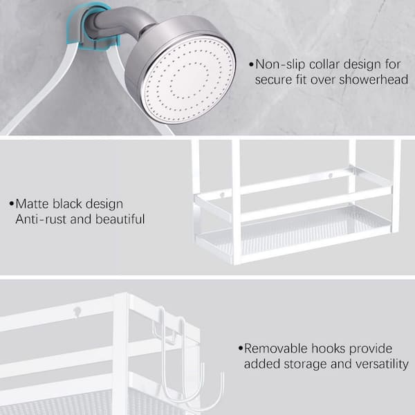 Dracelo Shower Caddy Organizer, Mounting Over Shower Head or Door, Extra Wide Space with Hooks for Razorsand in White
