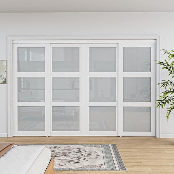 120 in. x 80 in. 3-Lite Frosted Glass White Finished MDF Interior Closet Sliding Door with Hardware