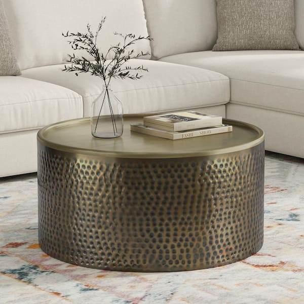 Corbin 32 in. Hammered Antique Gold Iron Wide Round Metal Boho Contemporary Coffee Table, Assembled