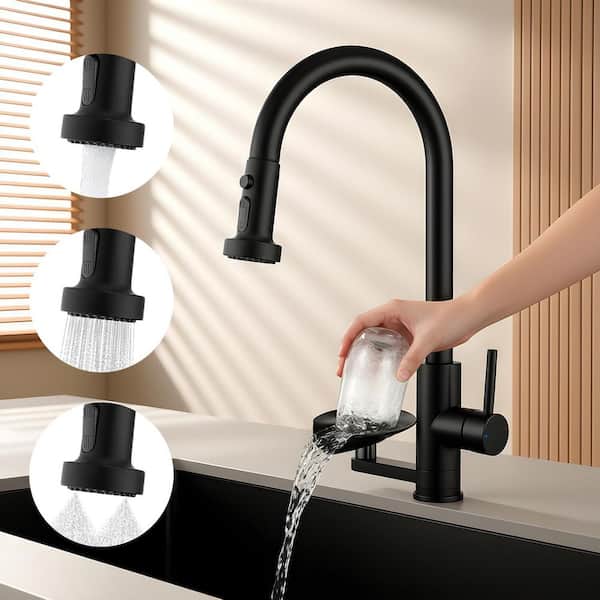 3-in-1 Matte Black Kitchen Faucet with Glass Rinser, Pull-Down Sprayer, 3 Modes High Arc Single Handle Sink Faucet