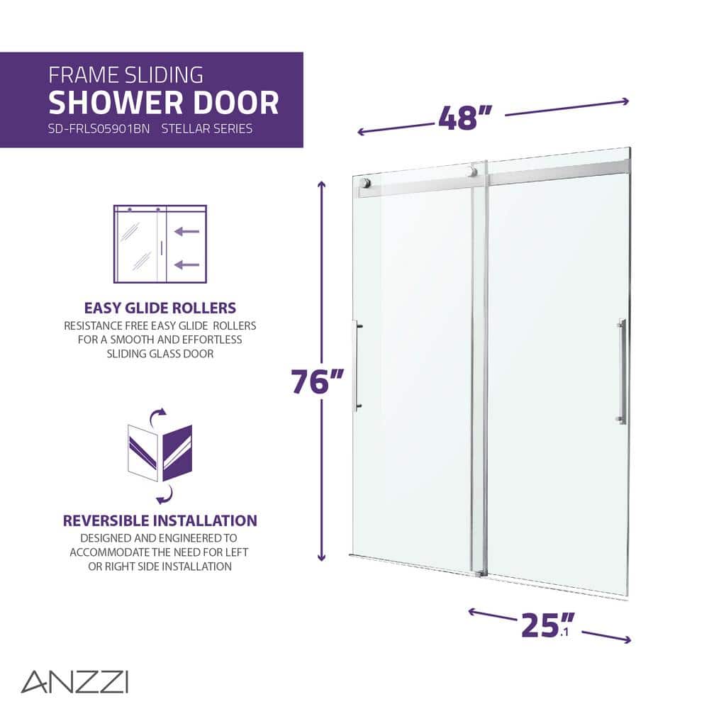 Stellar 48" x 76" Frameless Sliding Shower Door in Brushed Nickel