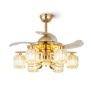 42 in. 6-Light Indoor Gold Ceiling Fan with Remote, Modern Crystal Retractable Fandelier for Bedroom, Bulbs Not Included