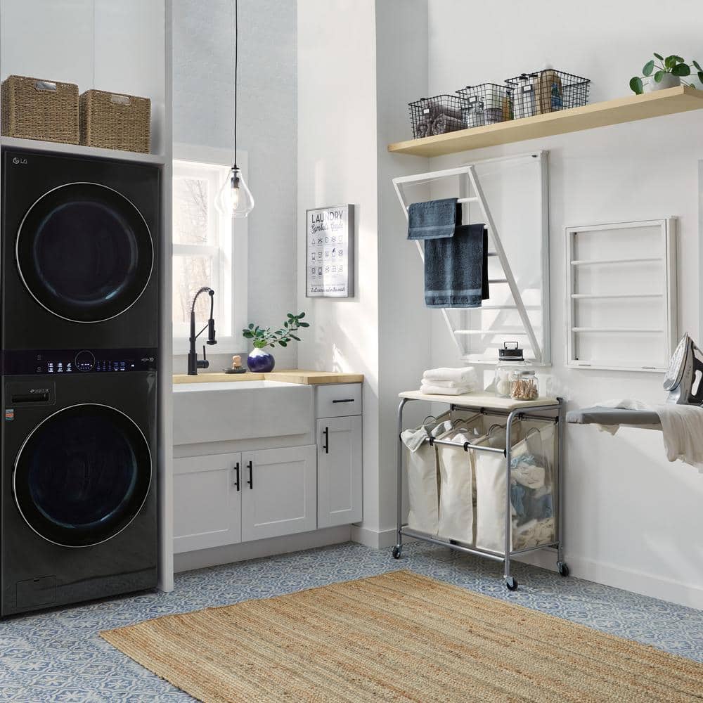 Natural Triple Laundry Sorter with Ironing Board and Locking Wheels