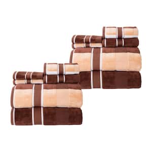 12-Piece Brown Solid and Striped Designs Cotton Towel Set