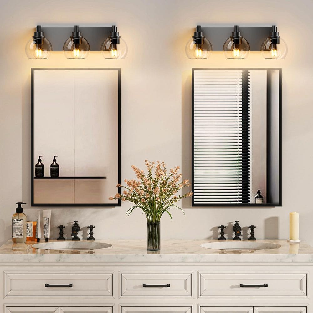 Modern 7.9 in. 3 Light Black Vanity Light Bathroom Lighting Fixtures Over Mirror with Clear Glass Shade and Metal Base price history on PriceWatchPro