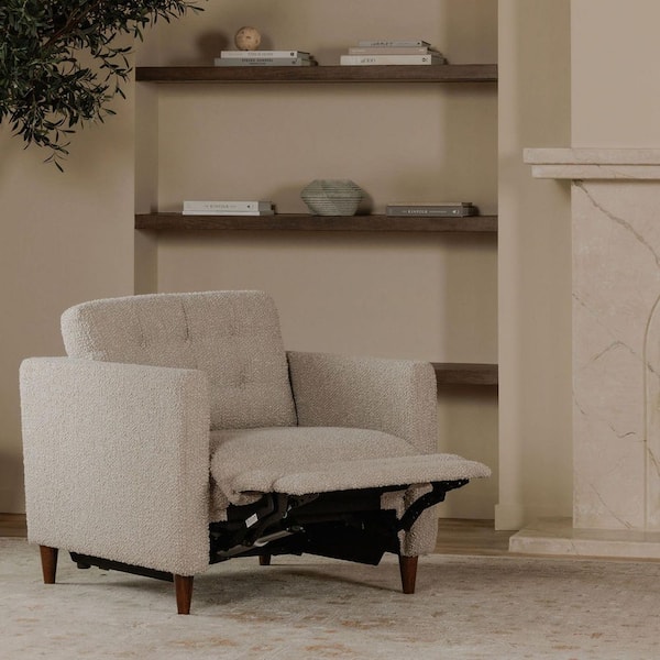 Ariadne Warm Grey Polyester Blend Wood Base Power Recliner with Dual Motion Footrests and Boucle Upholstery