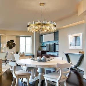 31.5 in. 16-Light Gold Crystal Chandelier, Modern Round K9 Crystal Hanging Pendant Ceiling Light Fixture