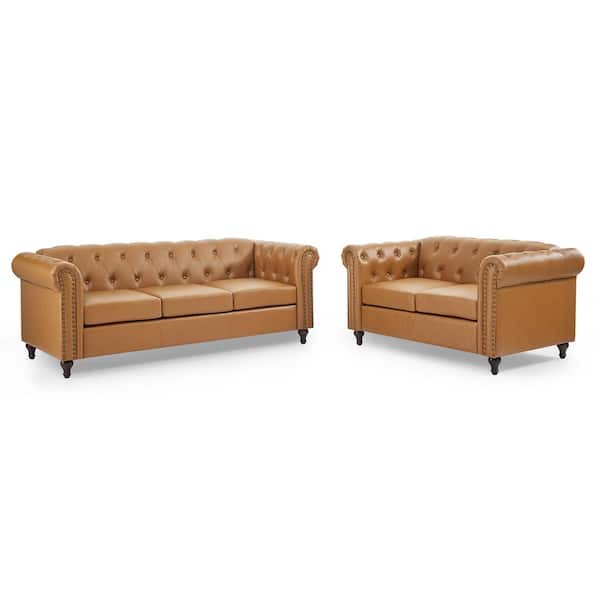ARTFUL LIVING DESIGN Ana 2-Piece Tufted Leather Top Camel Living Room Set with Rolled Arms