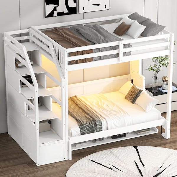 White Wood Frame Full XL Over Full Size Murphy Bed with LED Light, Desk Design, Storage Staircase with Drawers