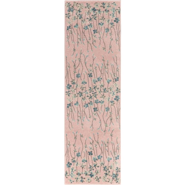 Nourison Tranquil Pink 2 ft. x 7 ft. Floral Modern Kitchen Runner Area Rug
