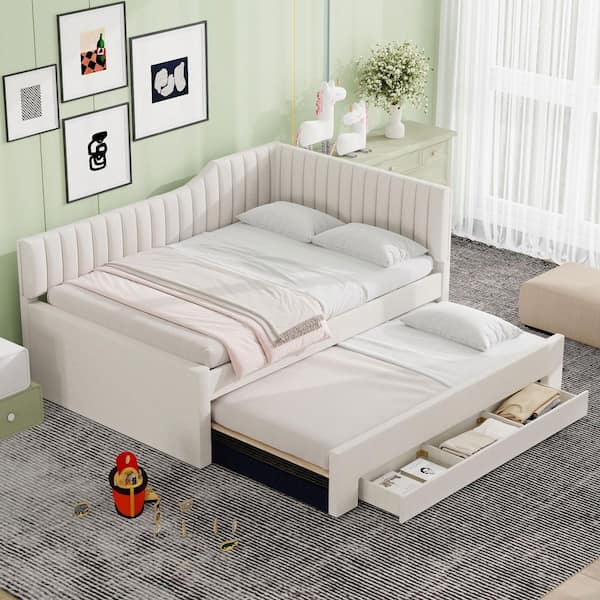 Beige Full Size Upholstered Daybed with Trundle and 3-Drawers