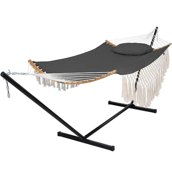 Atesun 12 ft. Portable Hammock with Stand Included, Double Fabric Hammock with Curved Spreader Bar and Decorative Tassels, Gray