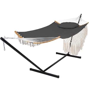 12 ft. Portable Hammock with Stand Included, Double Fabric Hammock with Curved Spreader Bar and Decorative Tassels, Gray