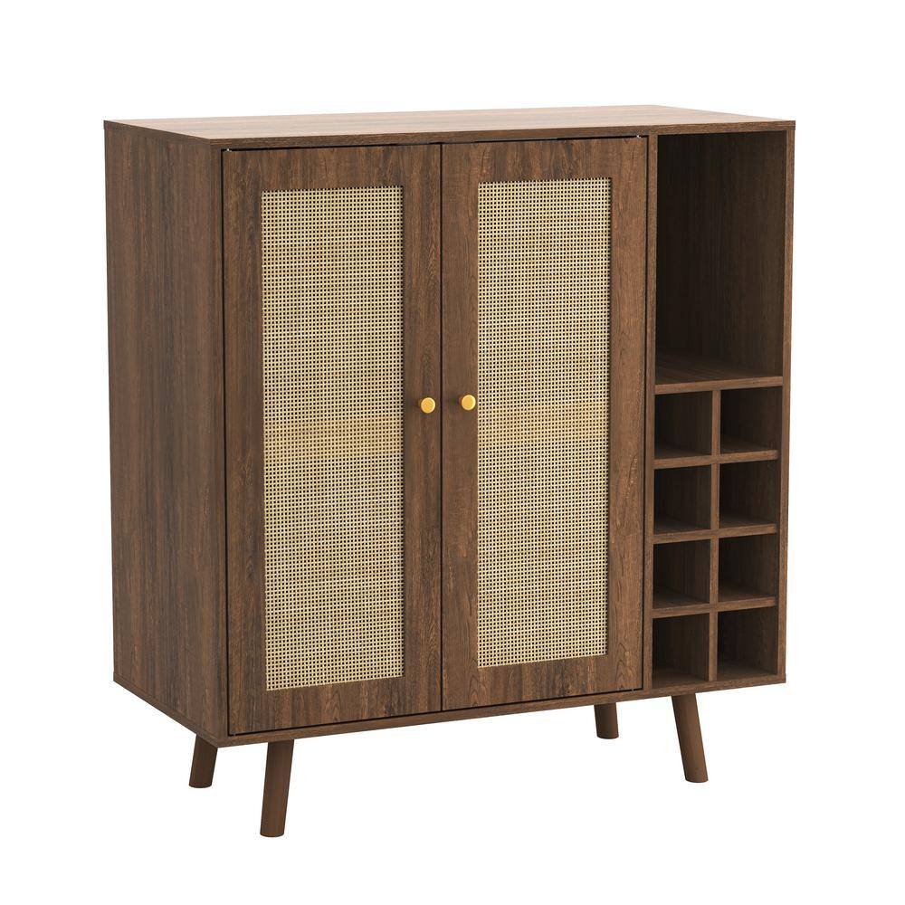 Walnut Mid-Century Modern Bar Cabinet with Rattan Panels