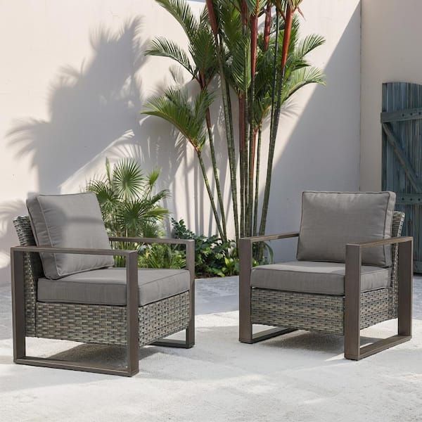 Gray Wood-Looking Metal Armrests Wicker Outdoor Lounge Chair, Modern Armchair with Gray Cushions (2-Pack)