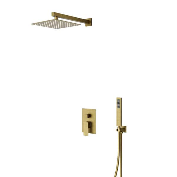 Crozet 2-Spray 10 in. 1.8 GPM Dual Shower Head Wall Mount Shower Kit in Brushed Gold Valve Included