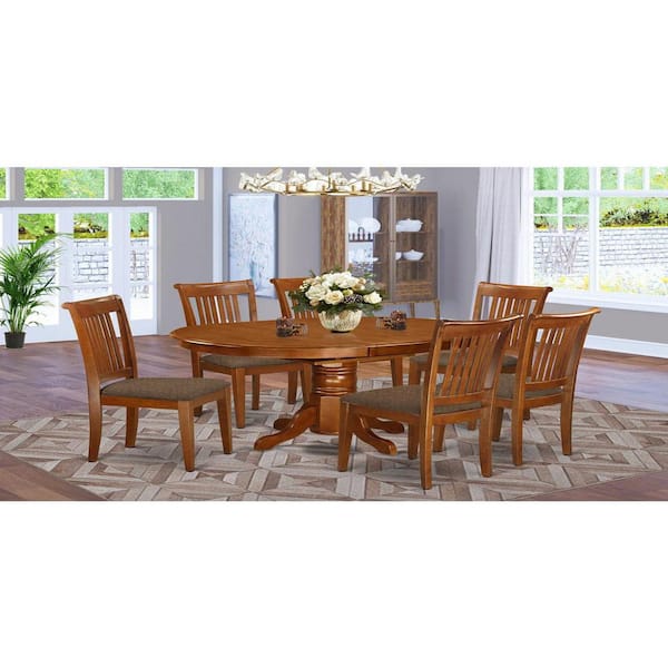 East West Furniture 7-Piece Oval Saddle Brown Finish Solid Wood Top Dining Table with 6-Chairs with Lattice Back