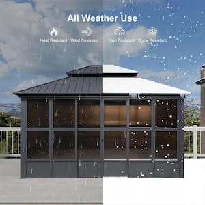 12 ft. x 20 ft. Gray Sunroom Hardtop Gazebo Solarium Galvanized Double Roof All-Weather Aluminum Outdoor Screen House
