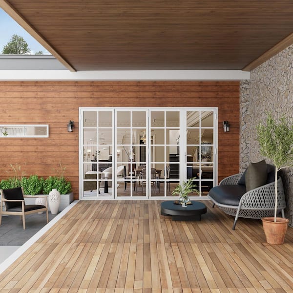 120 in. x 96 in. Right Swing/Outswing Double Tempered Glass White Aluminum Folding Patio Door