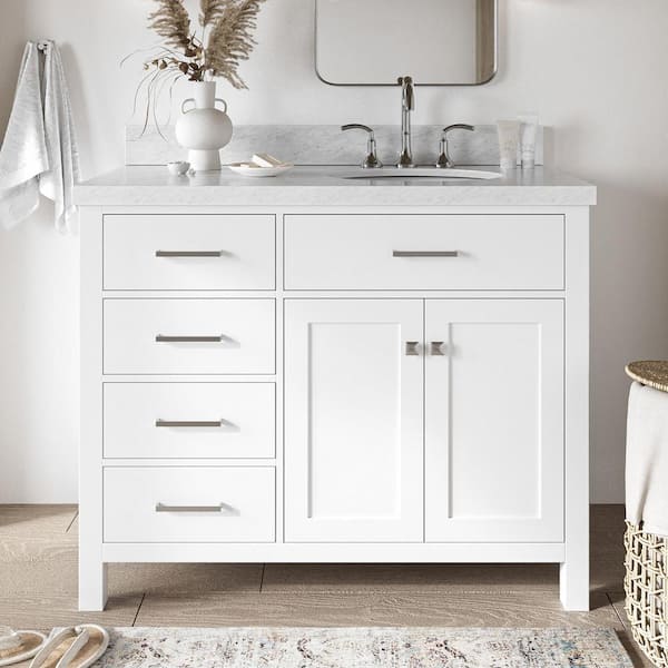ARIEL Bristol 43 in. W x 22 in. D x 36 in. H Freestanding Bath Vanity in White with Carrara White Marble Top