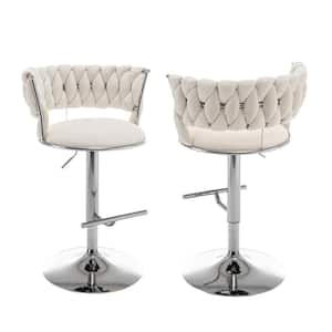 Tory 24 in. 32 in. Upholstered Cream Low Back Metal Frame Adjustable Bar Stool With Velvet Fabric (Set of 2)