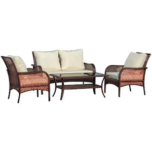 4-Piece Outdoor Wicker Sofa Set, Outdoor PE Rattan Patio Conversation Furniture with White Cushion, 4 Chairs & Table