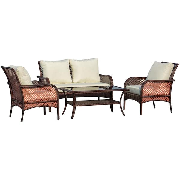 Outsunny 4-Piece Outdoor Wicker Sofa Set, Outdoor PE Rattan Patio Conversation Furniture with White Cushion, 4 Chairs & Table