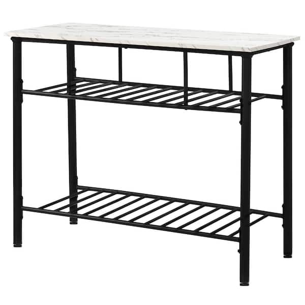 Unbranded White Wood 43.3 in. Kitchen Island Prep Table with Worktop and 2 Shelves, Faux-Marble