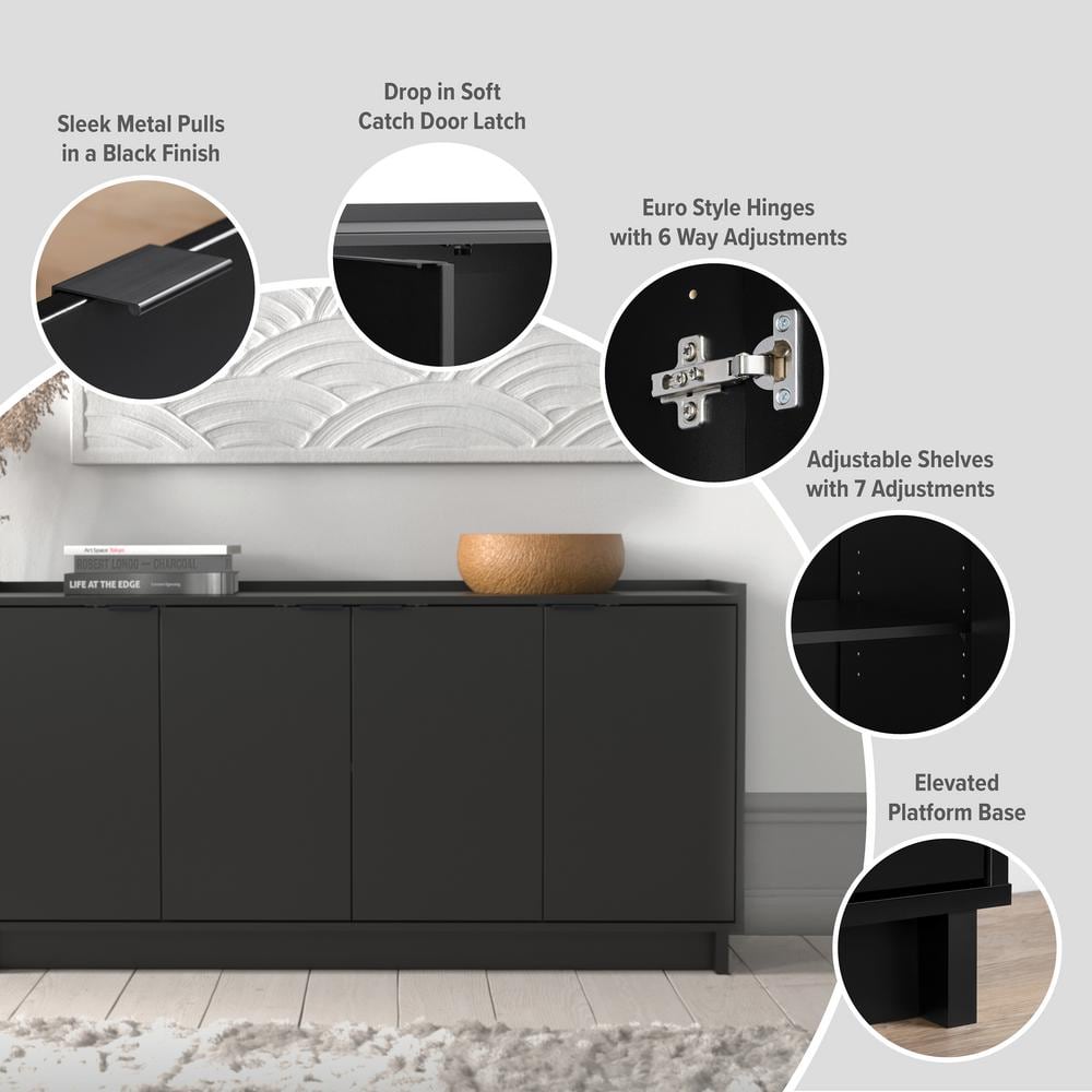 Prepac Black 4-Door Console Table with Adjustable Shelving