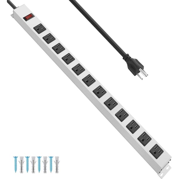 Ahfiwaso 10 ft. 12 Widely-Spaced AC-Outlets, Surge Protector Power Strip with Switch, Heavy Duty Metal Long Extension Cord, White