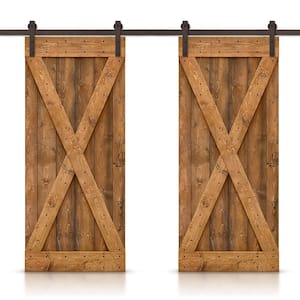 X Series 72 in. x 84 in. Pre-Assembled Walnut Stained Wood Interior Double Sliding Barn Door with Hardware Kit