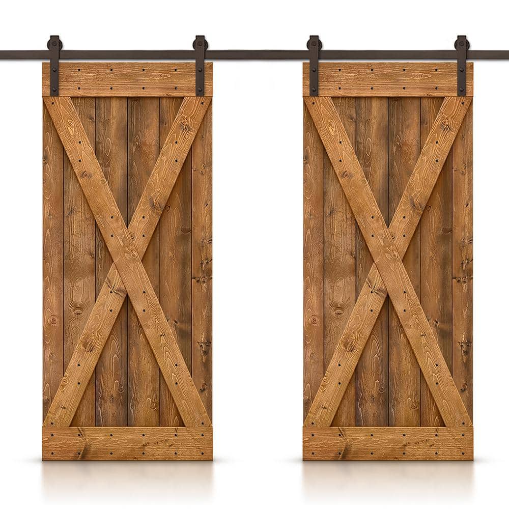 Walnut Stained Knotty Pine Wood Double Sliding Barn Door with Hardware Kit