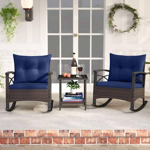 3-Piece Wicker PE Rattan Rocking Outdoor Bistro Set Rocker Chairs with Acacia Wood Top Table and Navy Cushion