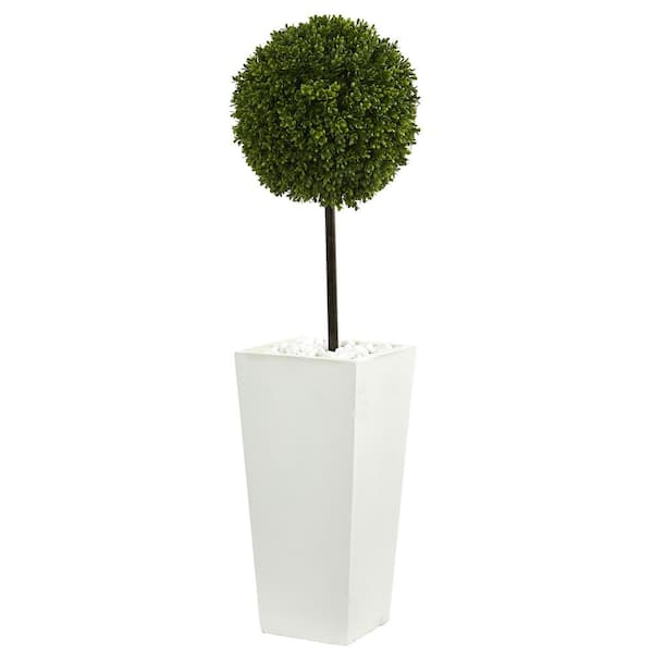Nearly Natural 3.5 ft. High Indoor/Outdoor Boxwood Ball Topiary Artificial Tree in White Tower Planter