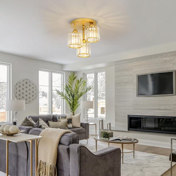 10.6 in. 3-Light Gold Semi-Flush Mount Ceiling Light With Crystal Shade and No Bulbs Included
