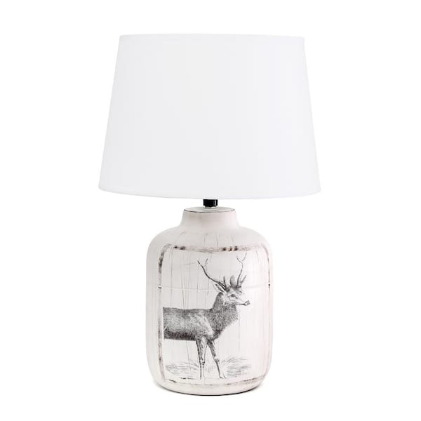 Creekwood home 17.8 in. Vintage Farmhouse Country Deer Print Accent Table Lamp, for Living Room, Foyer, Home Decor, White Wash