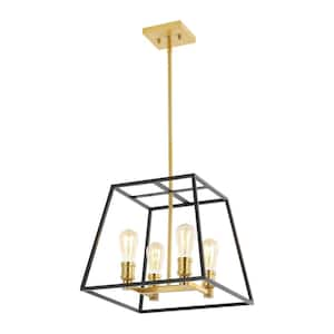 Lloyd 15 in. 4-Light Black/Brass Gold Farmhouse Industrial Iron LED Lantern Pendant