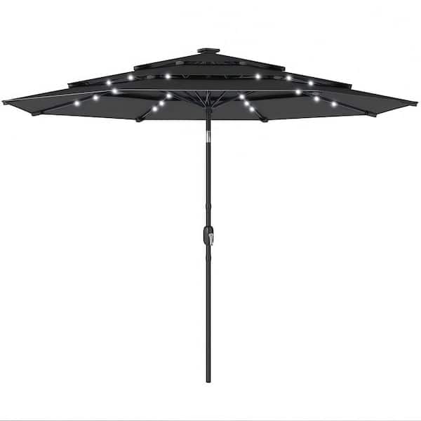 9.7 ft Outdoor Patio Umbrella in Black with Solar LED Lights, 3-Tier Outdoor Table Umbrella with Tilt, Crank