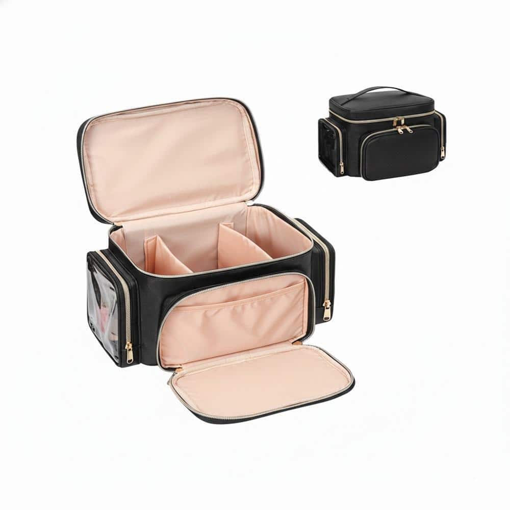 Black Large Capacity Travel Makeup Toiletry Bag Organizer with Brush Compartment & Multiple Pockets for Women & Girls