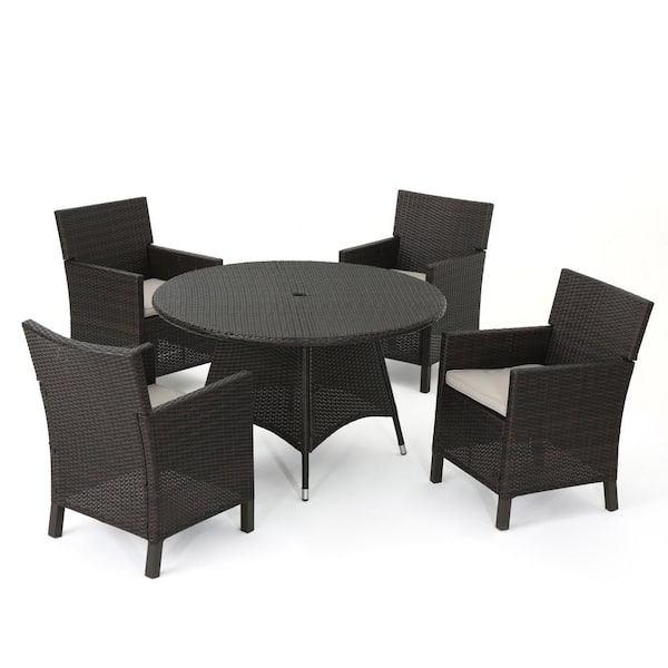Cypress Multi-Brown 5-Piece Faux Rattan Outdoor Patio Dining Set with Light Brown Cushions