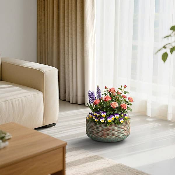 16.5 in. Dia Round Concrete Bowl Planter, Indoor & Outdoor Medium Plant Pot with Drainage Hole, Teal(Enhanced Interior)