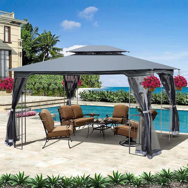 Unbranded 13 ft. x 10 ft. Outdoor Patio Gray Steel Gazebo Canopy Tent with Ventilated Double Roof and Detachable Mosquito Net