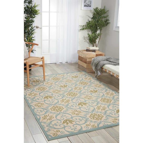 Caribbean Ivory/Blue 9 ft. x 13 ft. Geometric Bohemian Indoor/Outdoor Patio Area Rug
