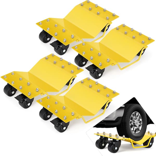 4-Piece Yellow Vehicle Wheel Dolly Set with Swivel Wheels, Lockable Casters, V-Shaped Skate for Moving Cars, Trucks