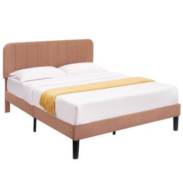 Upholstered Bed Brown Full Bed Platform Bed Frame with Adjustable Headboard Strong Wooden Slats Support Bed Frame