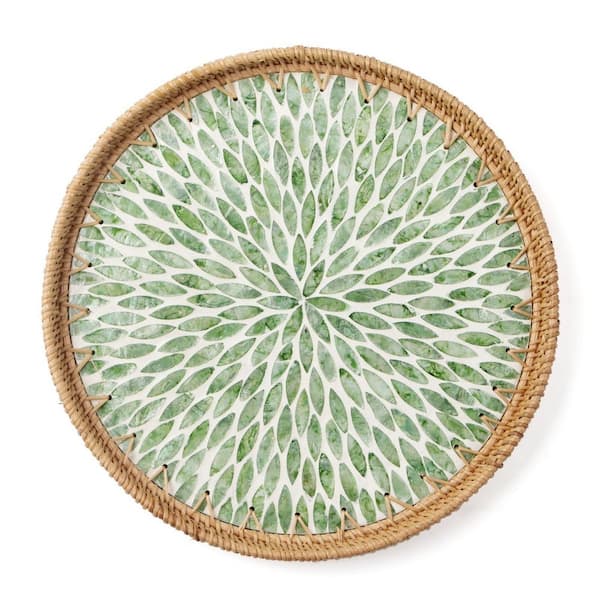 11.8 in. W x 1.1 in. H x 11.8 in. D Round Green Rattan Boho Farmhouse Decorative Serving Tray for Home Decor (Set of 1)